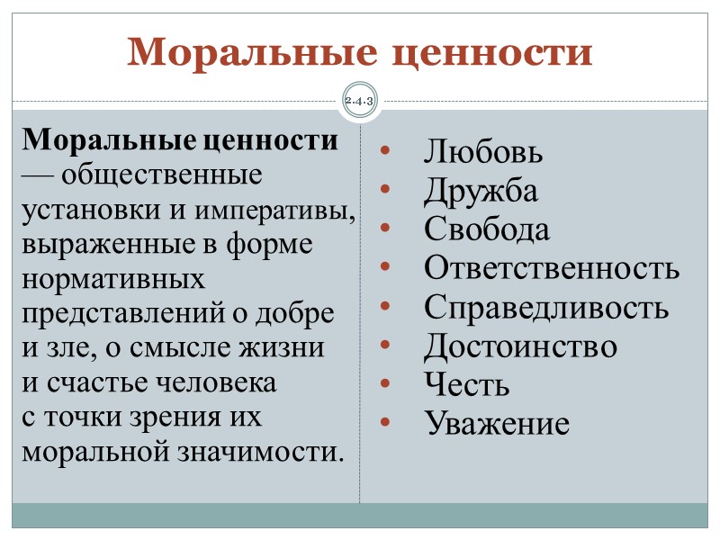 2.4.3 Моральные ценности Любовь Дружба Свобода Ответственность Справедливость Достоинство Честь Уважение Моральные ценности 